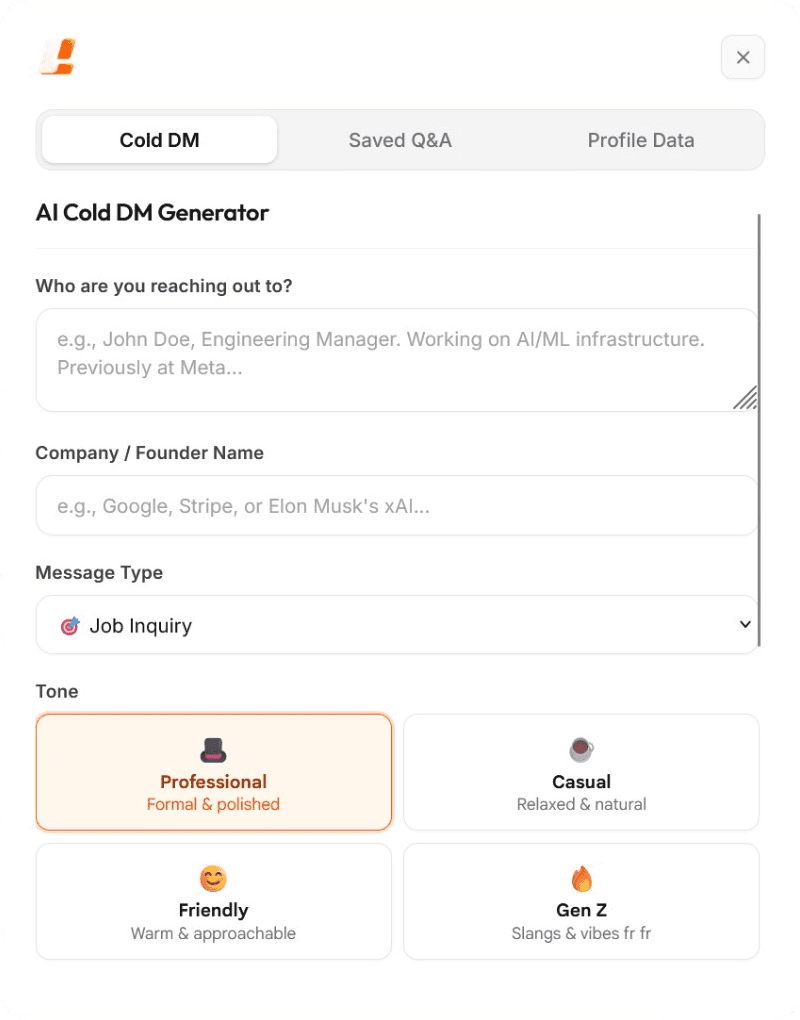 AI Cold DM Generator with recipient details, message type and four tone options
