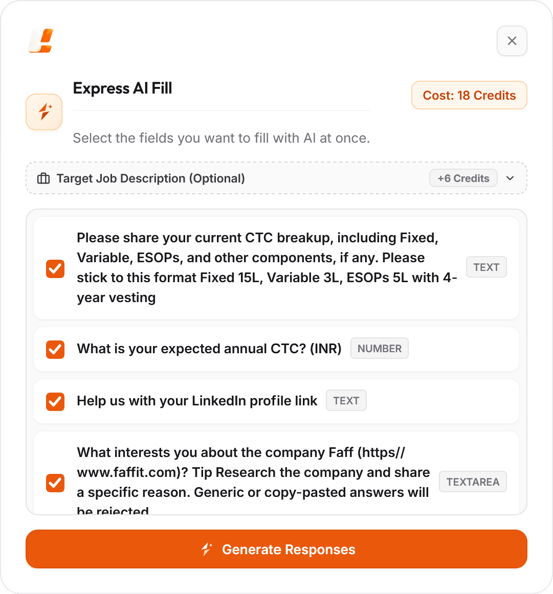 Express AI Fill window with four detected form fields selected and a Generate Responses button