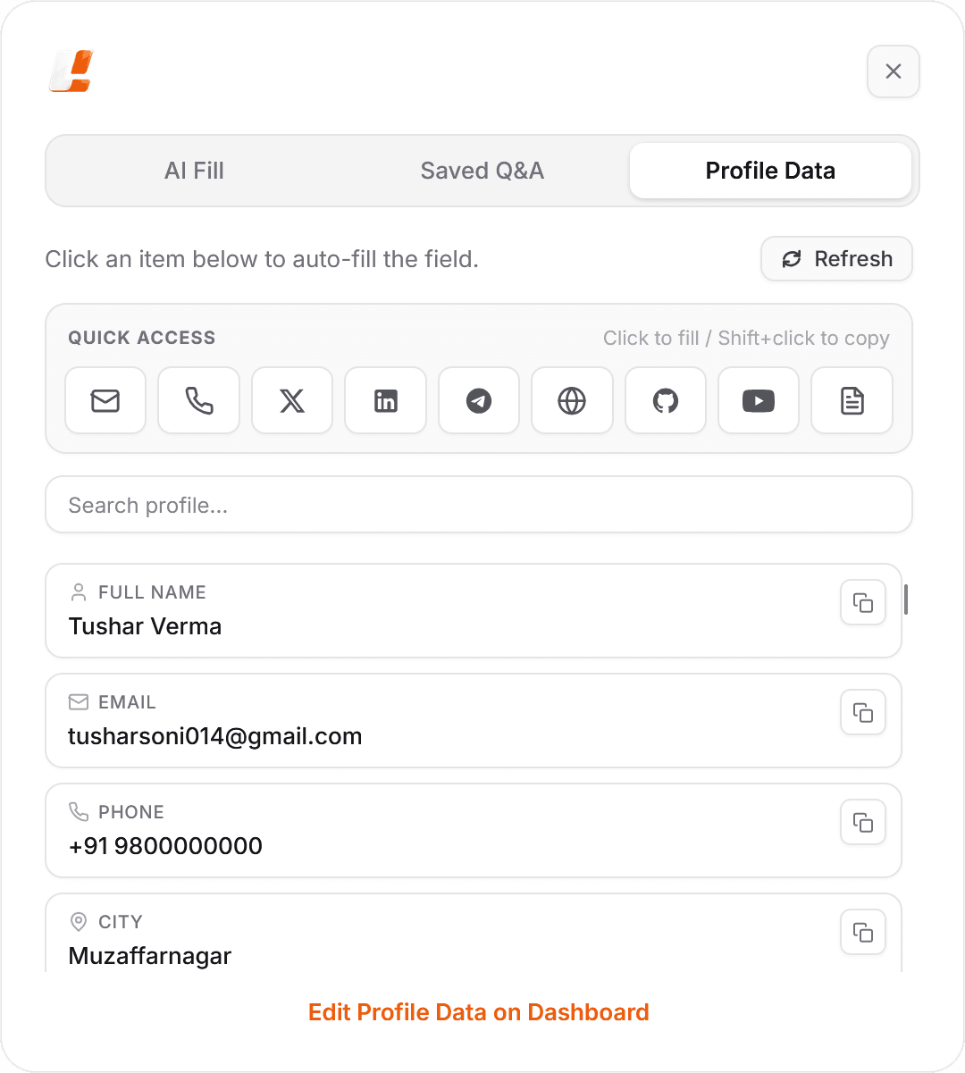 Lazee Profile Data tab with quick-access icons and a list of profile fields