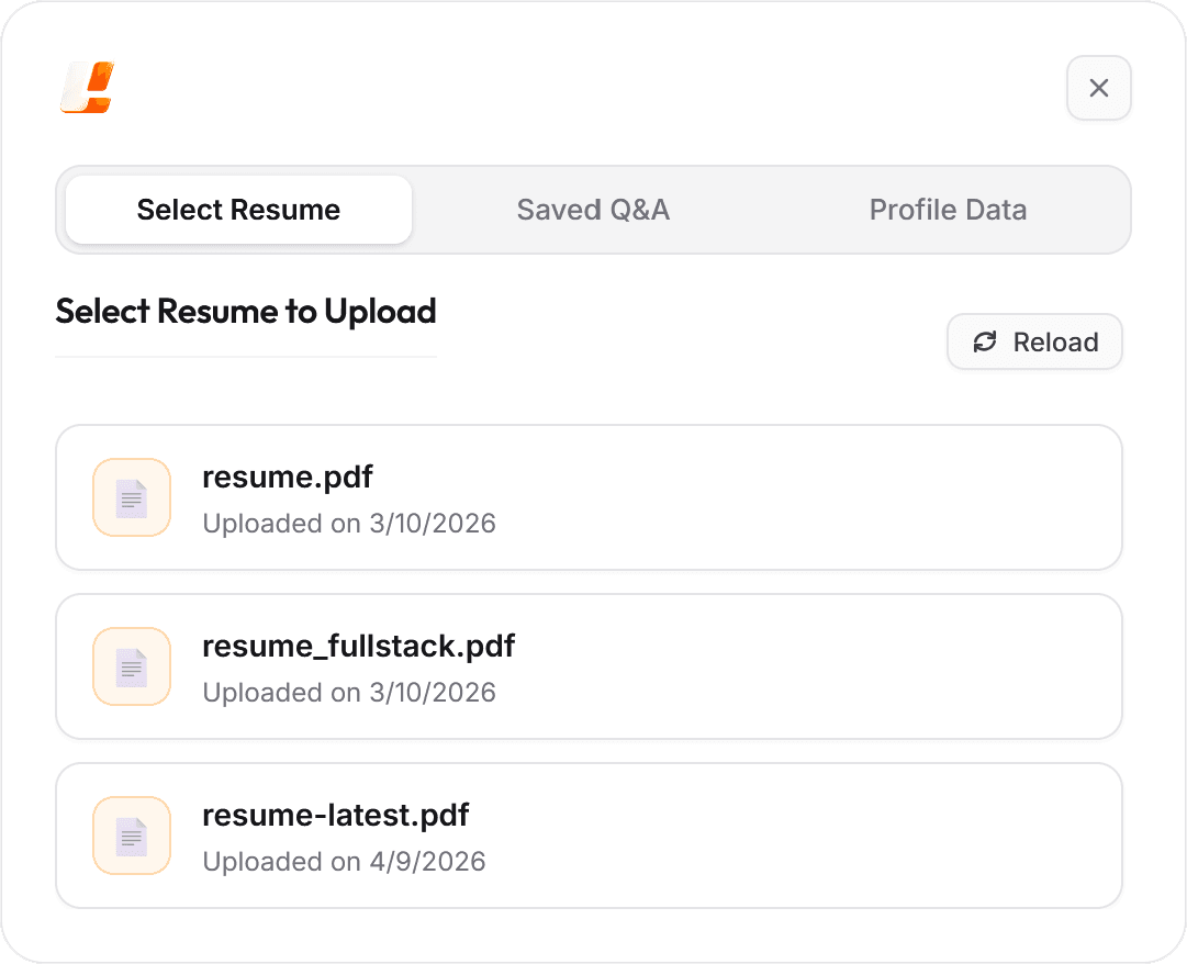 Select Resume window listing three uploaded resume PDFs